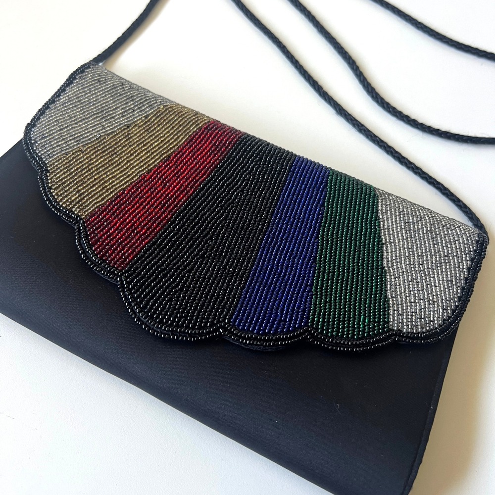 Vintage Beaded Evening Bag Black Crossbody Clutch Scallop Flap Purse